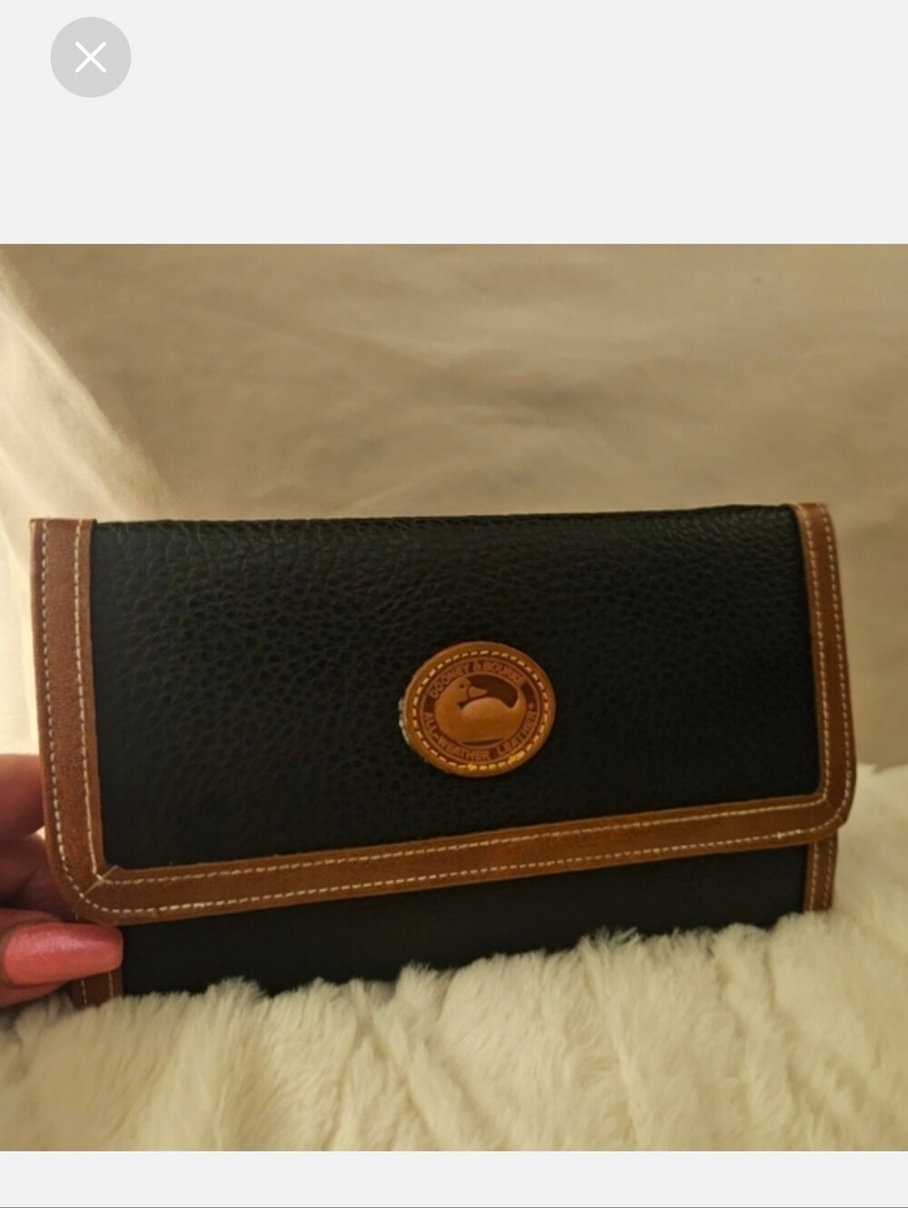 Dooney & Bourke Black and Tan Duck Logo Pebbled Leather Snap Wallet